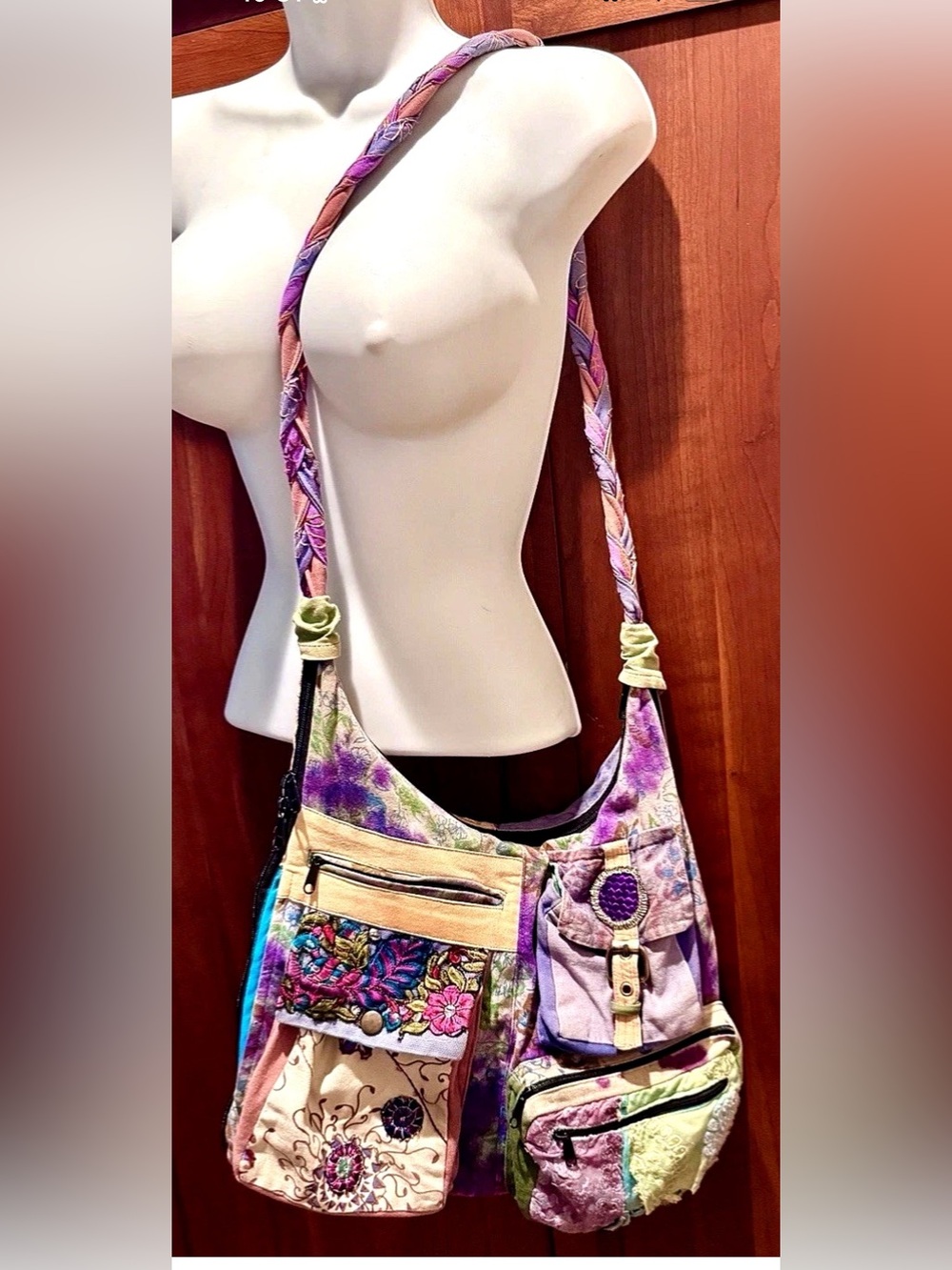 💙BLUE SKY💙 COTTON CANVAS LINEN TIE-DYE FLORAL EMBROIDERY 9 POCKET ZIP AROUND BAG - Picture 3 of 16